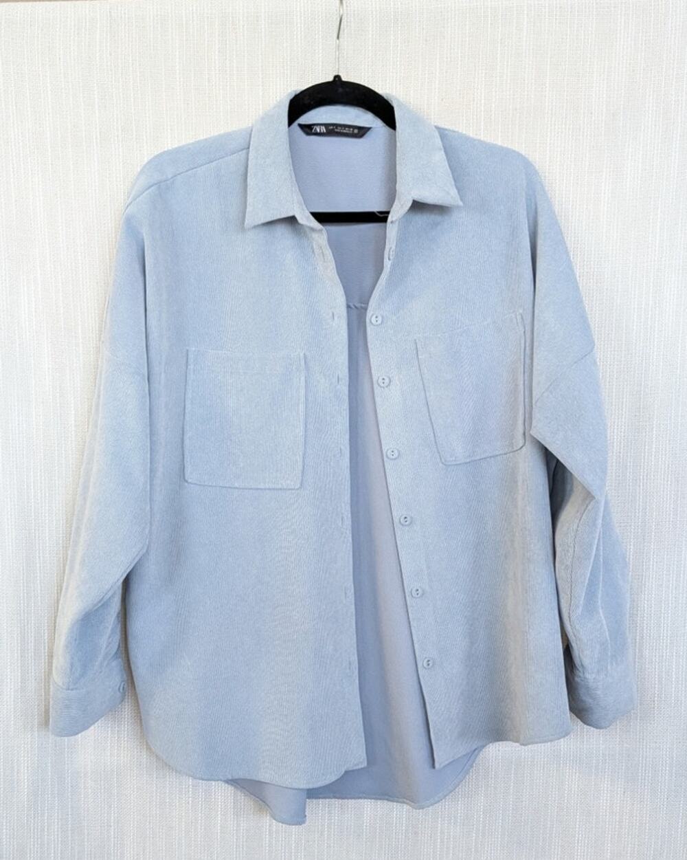 Zara Light Blue Fine Corduroy Oversized Button Down Shirt S NWOT